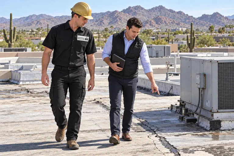 Roofer and building owner walking an aged flat roof beside a rooftop unit