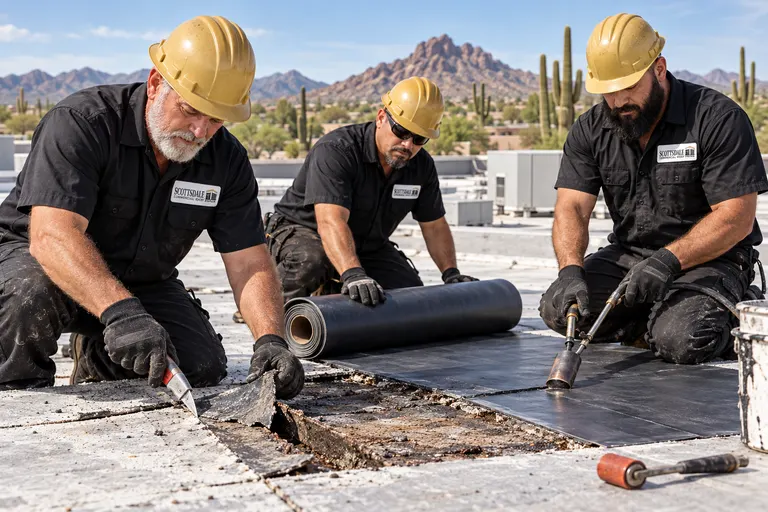 Three roofers cutting out wet insulation and rolling out new membrane on a flat roof
