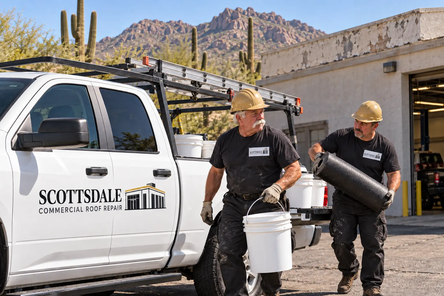 Two roofers unloading a bucket and a membrane roll from a work truck beside a commercial building