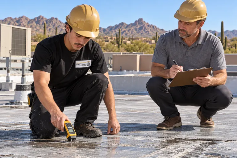 Roofer taking moisture meter readings on a membrane roof while a facility manager takes notes