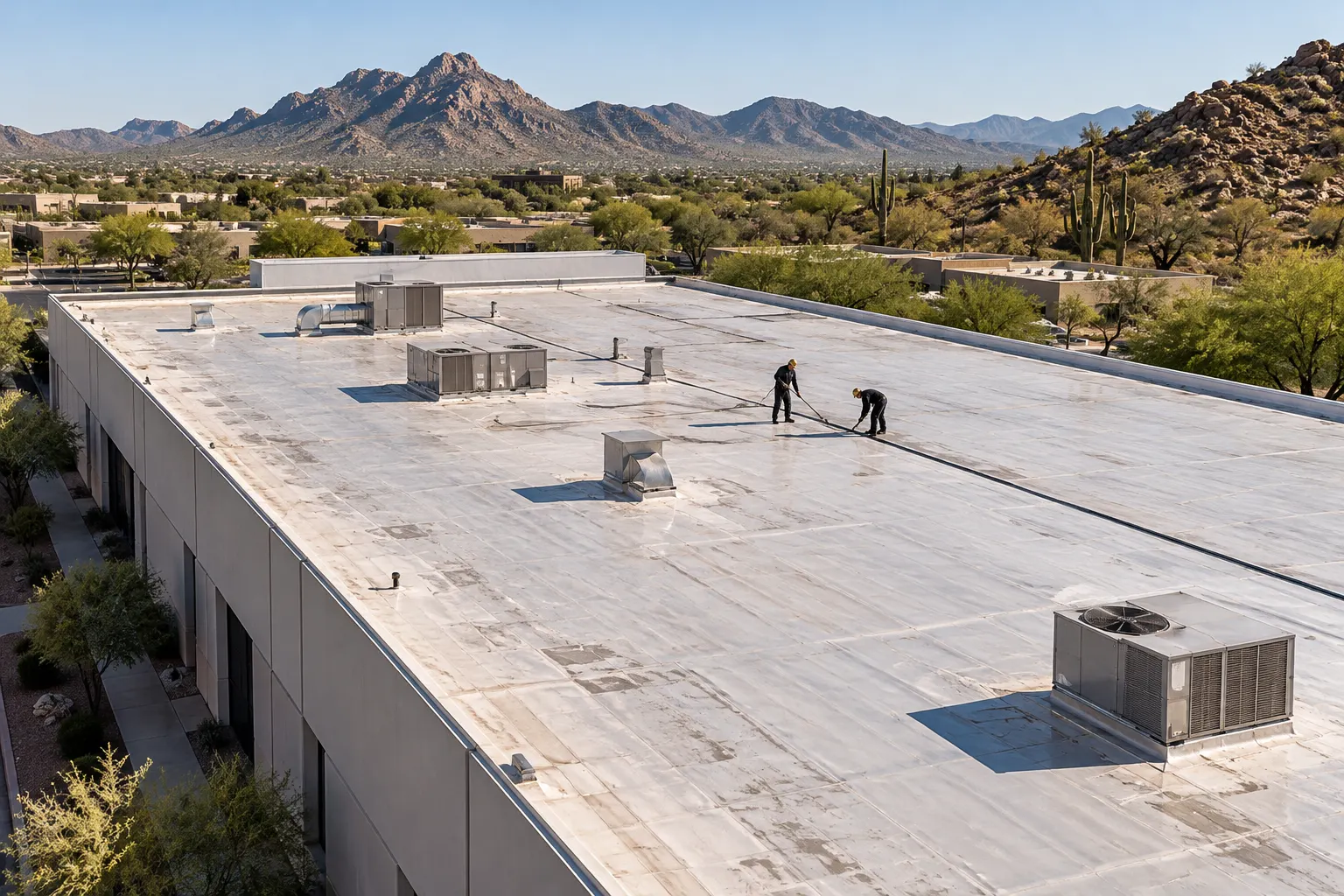High view of a long light-gray commercial flat roof with two roofers working at a seam and hills beyond