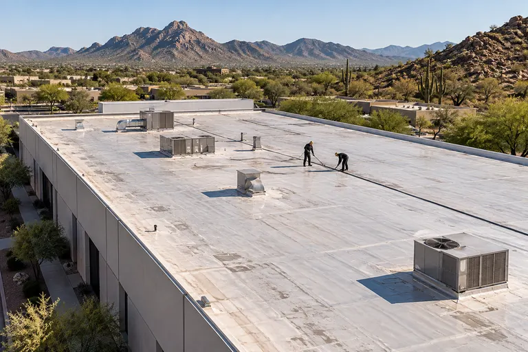 Roofers working at a seam on a long flat roof
