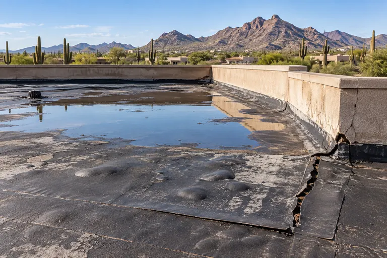 Ponding water and an open lap beside a cracked stucco parapet on an aged flat roof