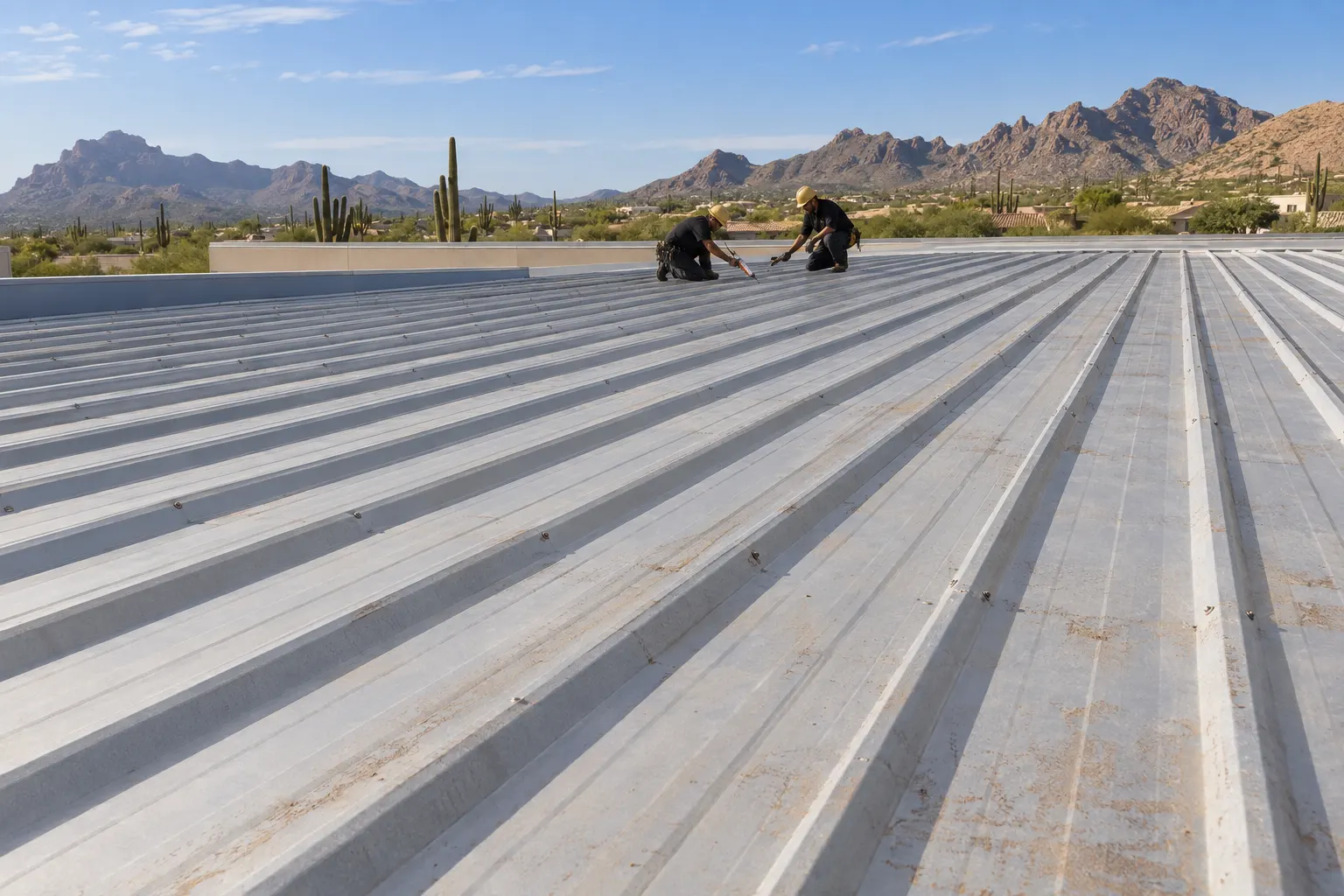 Two roofers replacing screws and sealing a lap on a metal roof in Scottsdale