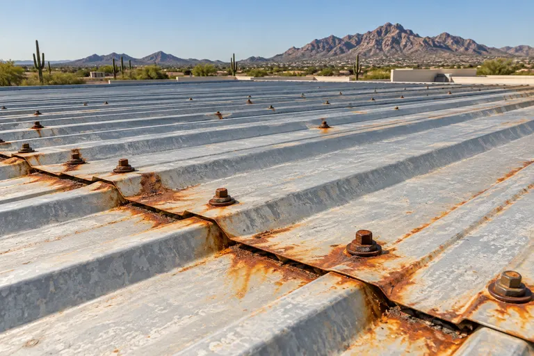 Rust bloom around fastener heads and along an end lap on a ribbed metal roof