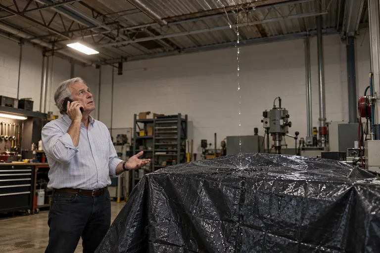 Manager on the phone under a drip falling onto a tarp in a metal shop building