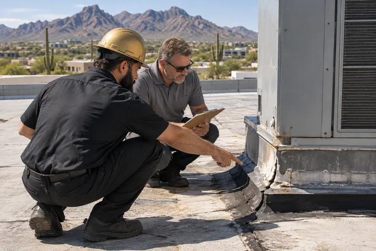 Roofer pointing at cracked base flashing on a unit curb