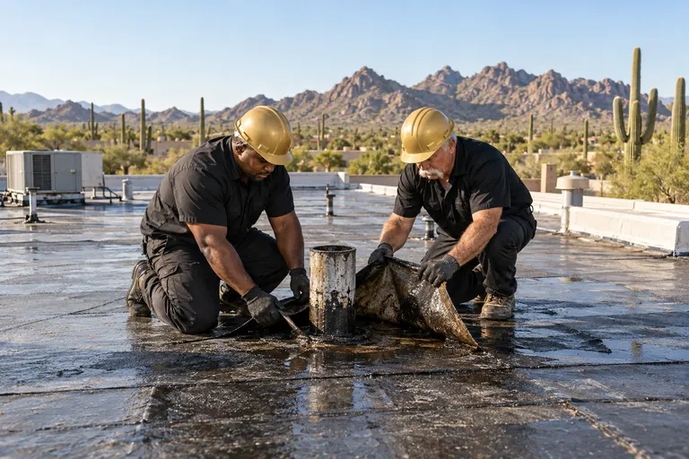 Roofers peeling back torn membrane at a vent pipe