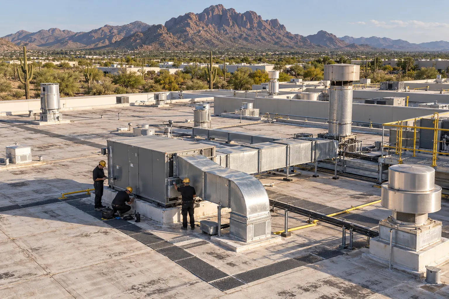 Crew resealing flashing at a rooftop unit on a Scottsdale industrial roof with exhaust stacks and ductwork