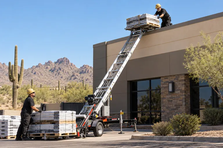 Ladder hoist lifting a pallet of roofing materials to the edge of a commercial roof