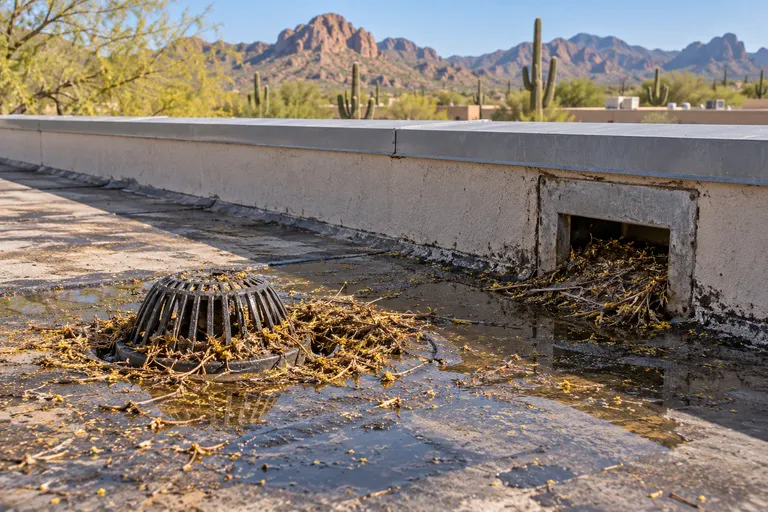 Roof drain and scupper packed with dry desert debris with water standing around the strainer