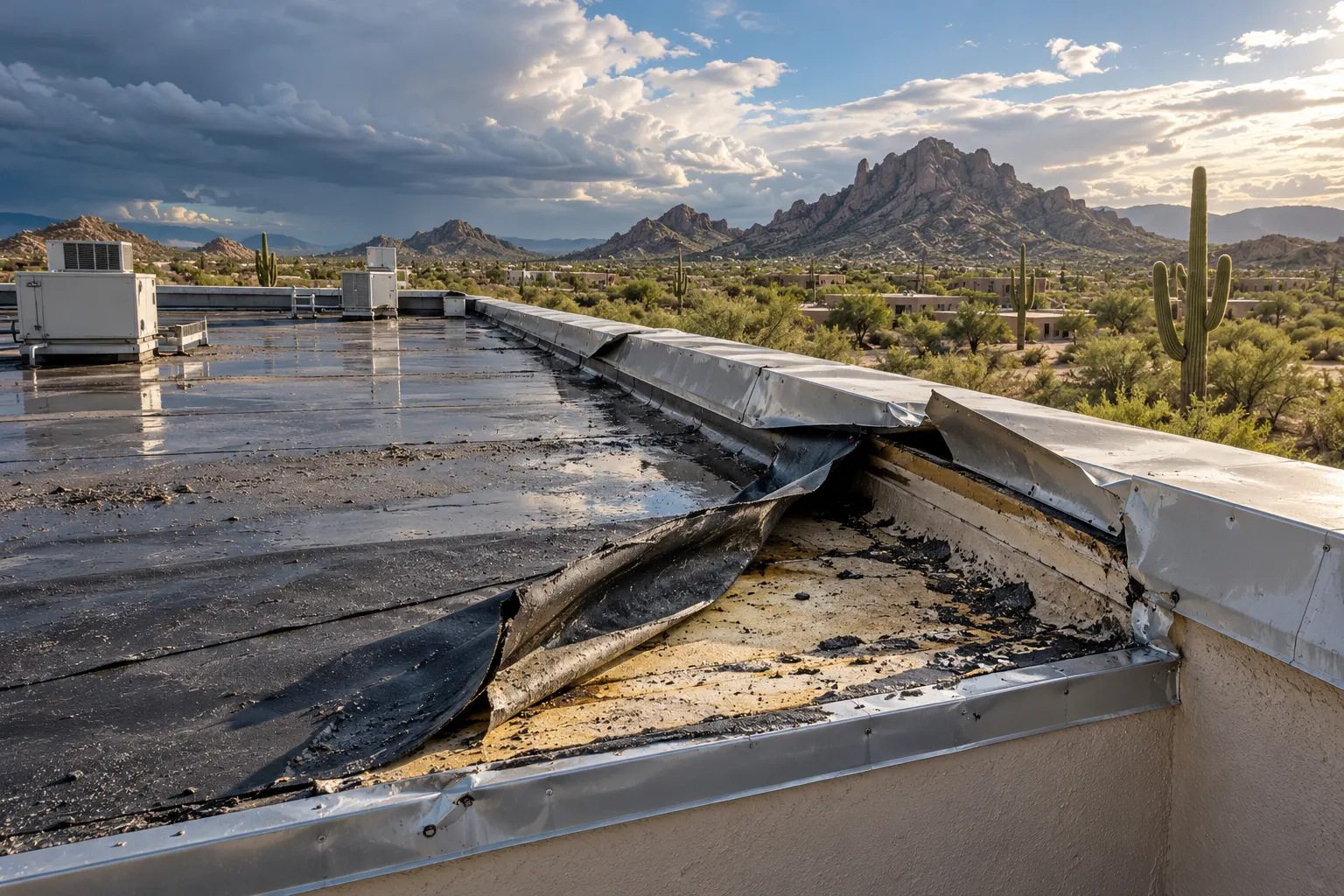 Peeled membrane and lifted edge metal on a flat roof after a monsoon storm