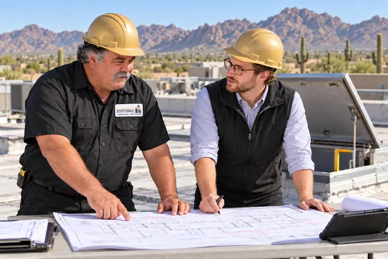 Roofer and property owner reviewing a roof plan sheet beside a roof hatch