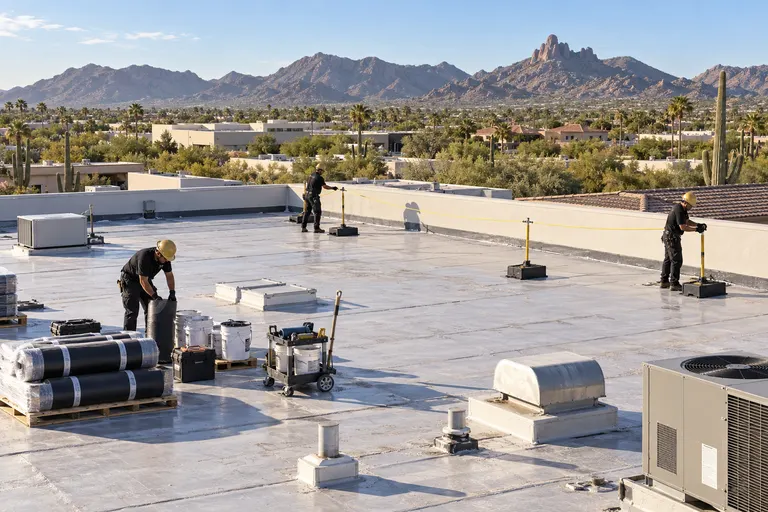 Roofers working behind a flag line on a flat roof